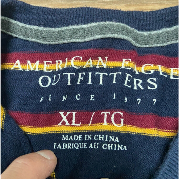 American Eagle Sweater Mens XL Navy Blue Striped V Neck Long Sleeve Pullover - Picture 3 of 7